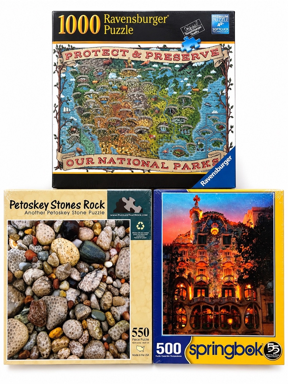 New & Sealed 3 Puzzle Bundle Ravensburger, Springbok, and Petoskey Stones
